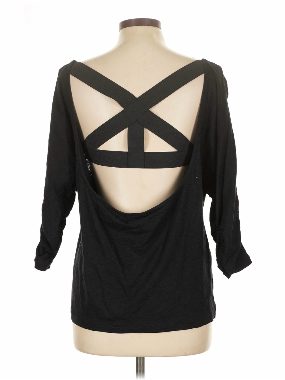 Elizabeth and James Black Womens Boatneck 3/4 Sleeve Cotton Top with Open Back